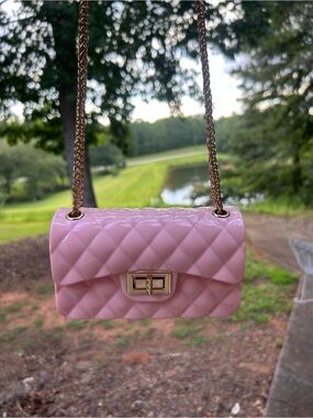 Pink Jelly Quilted Crossbody Bag Gold Chain Strap Mini Flap Purse
